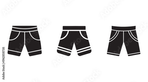 Three pairs of athletic shorts with white trim on plain white background  sportswear design elements