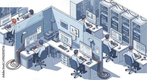 People working at computer desks in a modern office environment with servers and technology infrastructure