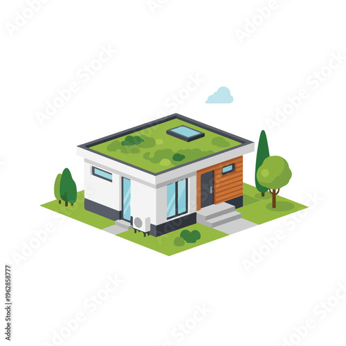 Modern isometric house with a green roof, trees, and a small cloud