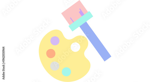 Creative art supplies icon featuring a painter's palette with colorful blobs of paint and a paintbrush with a pastel pink and blue handle against a white background, symbolizing artistic creation