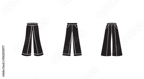 Three pairs of flared pants with white outlines on a white background for fashion design or illustration purposes  various styles and views of widelegged trousers