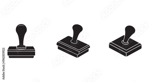 Three rubber stamp icons with different handle positions on white background for approval and verification concepts  office supplies