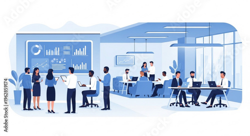 Business people working in modern office space with laptops and discussing data on screen