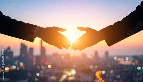 夕日を背景にしたビジネスマンの握手のシルエット、提携と成功のコンセプト