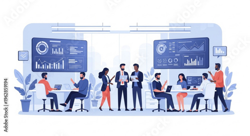 Office workers collaborate in modern meeting room with data screens and laptops