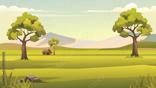 Peaceful landscape with a small cabin nestled between green trees and hills