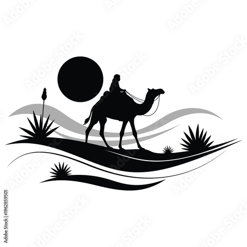 Black silhouette of camel rider in desert landscape with sun