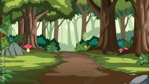 A lush forest scene with a winding path and vibrant greenery