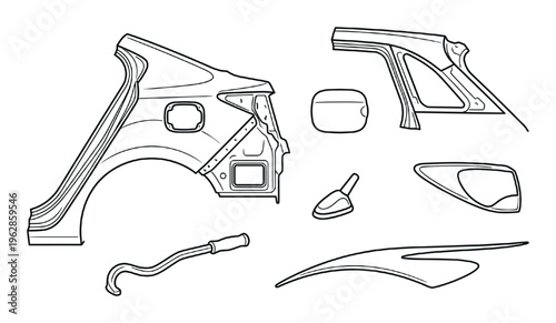 Car body frame panels and exterior accessories line art including rear quarter panel and fuel cover
