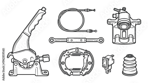 Brake system parts outline on transparent background for automotive repair and maintenance design