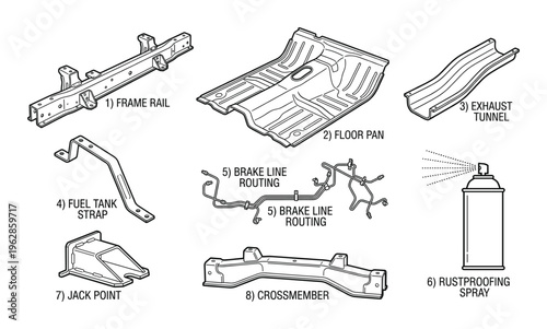 Car chassis parts frame rail floor pan exhaust tunnel fuel tank strap brake line routing rustproofing