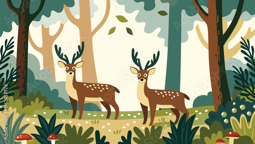 Two deer stand peacefully within a vibrant stylized forest scene