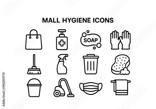 Mall hygiene icons set: shopping, cleaning, safety, sanitation symbols