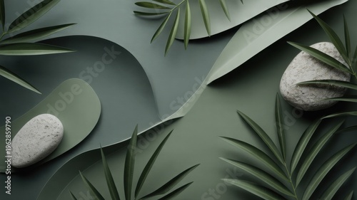 Minimalist zen spa still life, green paper cut background with pebbles and tropical leaves, calming wellness concept photo
