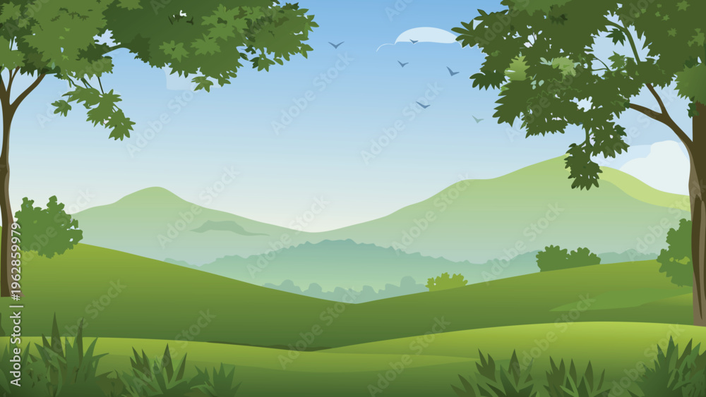 Fototapeta premium Lush green landscape with rolling hills mountains and a clear sky