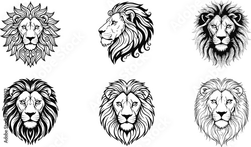 Lion head sketch vector set with detailed mane line art wildlife animal illustration collection isolated design