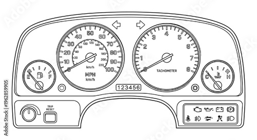 Car dashboard and instrument panel outline with speedometer, tachometer, gauges, and warning lights