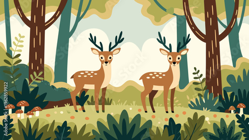 Two deer stand peacefully in a stylized forest landscape illustration