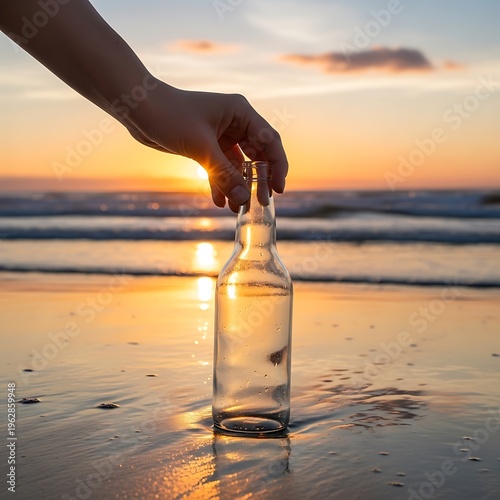 Hand holding a bottle on a beach at sunset, capturing a serene moment.