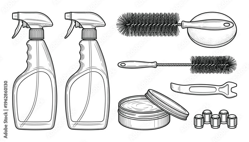 Fototapeta premium Car detailing and cleaning supplies set with spray bottles brushes wax container and lug nut covers