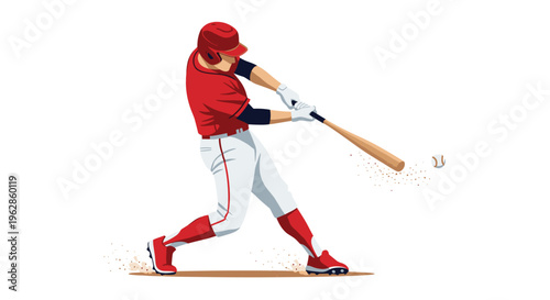 A baseball player in a red uniform swings a bat, making powerful contact with a baseball and sending dust flying.