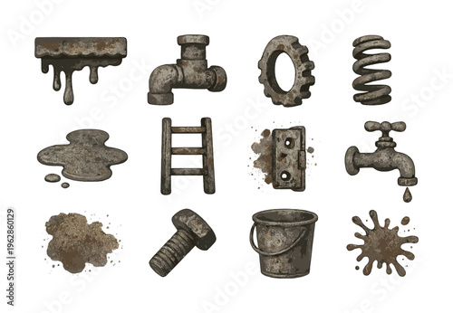 Set of twelve rusty metal objects and tools on white background