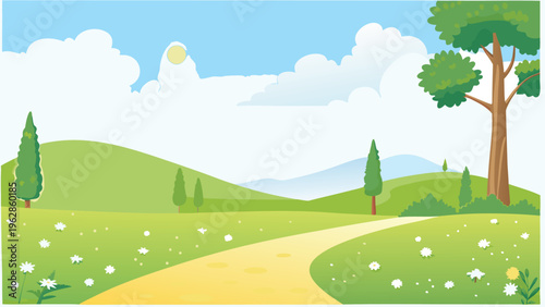 A serene landscape with rolling hills a winding path and fluffy clouds