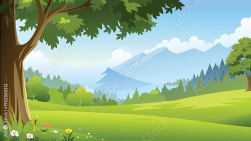 A vibrant landscape featuring lush greenery mountains and a clear sky