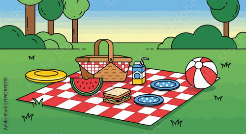 A cartoon scene of a picnic on a sunny day