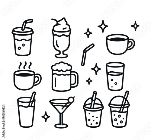 Various drink icons: coffee, juice, cocktails, and beverages
