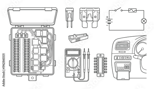 Car electrical system components fuse box multimeter diagram and dashboard illustration