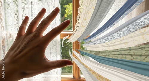 Close-up of a hand with fingers spread, reaching towards sheer curtains gently blowing in the breeze from an open window.