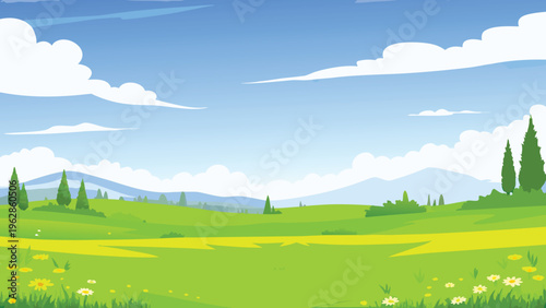 A vibrant cartoon landscape featuring rolling hills and a bright blue sky