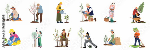 Diverse set of people engaged in gardening activities such as planting trees, watering saplings, and digging soil, isolated on a white background.
