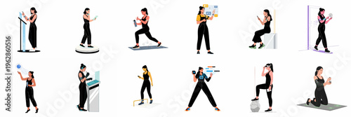 Vector illustrations of a woman using advanced wearable technology, virtual reality headsets, and interactive digital interfaces for a modern, futuristic lifestyle.
