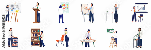 Set of Professional Business Woman Characters Performing Various Office Tasks and Presentations in a Flat Illustration Style
