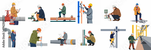 Set of flat illustrations depicting industrial workers, engineers, and technicians performing maintenance and inspection tasks on oil and gas pipelines and utility infrastructure.