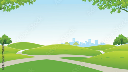A peaceful park scene with a winding path and distant cityscape