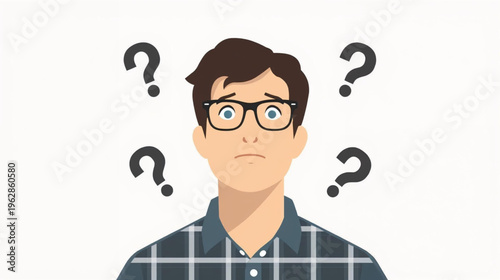  illustration of A young man with glasses and a plaid shirt surrounded by floating black question marks on white background 