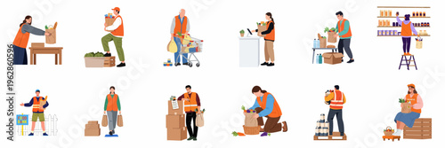 Flat Illustration Set of Diverse Volunteers Working in a Food Bank, Packing Groceries, and Organizing Donations for Charity and Community Support