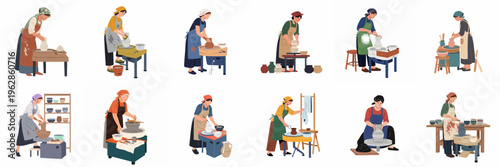 Illustration set of female potters and ceramic artists working on pottery wheels, creating clay bowls and vases in various studio settings.