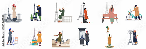 Collection of Vector Illustrations Featuring Tourists and Photographers Sightseeing Near the Eiffel Tower in Paris, France.