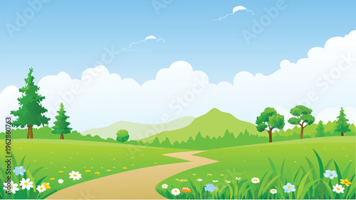 A vibrant cartoon landscape featuring a path and lush greenery