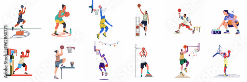 A diverse collection of flat vector illustrations featuring male and female basketball players in various action poses, shots, and court-side moments.