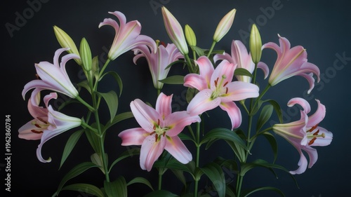 Elegant pink lily bouquet photo, soft floral still life on black background, romantic botanical close-up for decor
