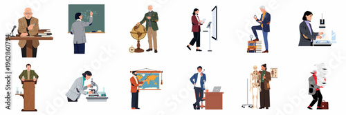 Collection of diverse academic and scientific professionals including professors, teachers, and researchers in various educational settings, flat vector illustration on white background.