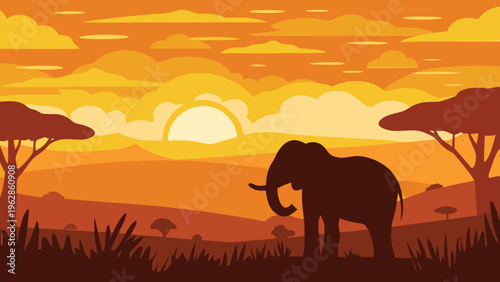 African sunset silhouette featuring an elephant and acacia trees
