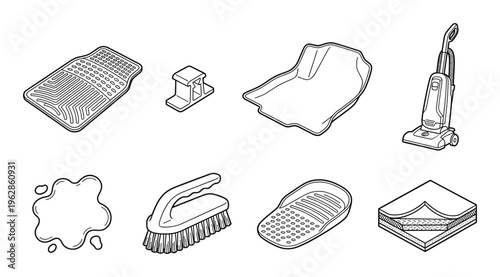 Car interior cleaning supplies and tools vector illustration on transparent background