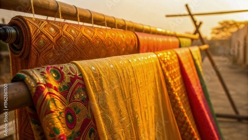 Indian sari weaving displays vibrant fabric with intricate patterns and golden hues glowing warmly in sunlight on wooden rods