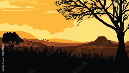African savanna landscape with silhouetted trees against a vibrant sunset